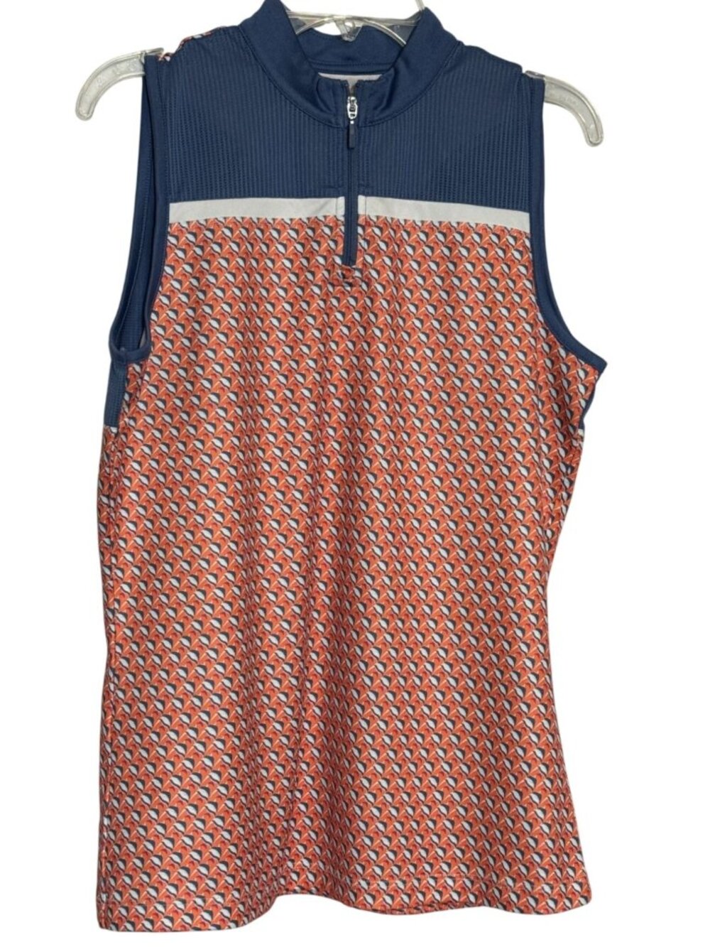 PGA Tour Women Sleeveless Golf Polo Shirt Orange Navy Geometric Mesh Back Small